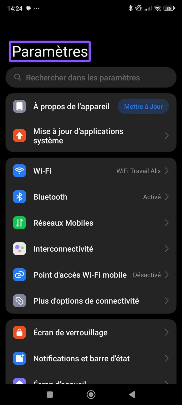 Paramètres des mobiles Android