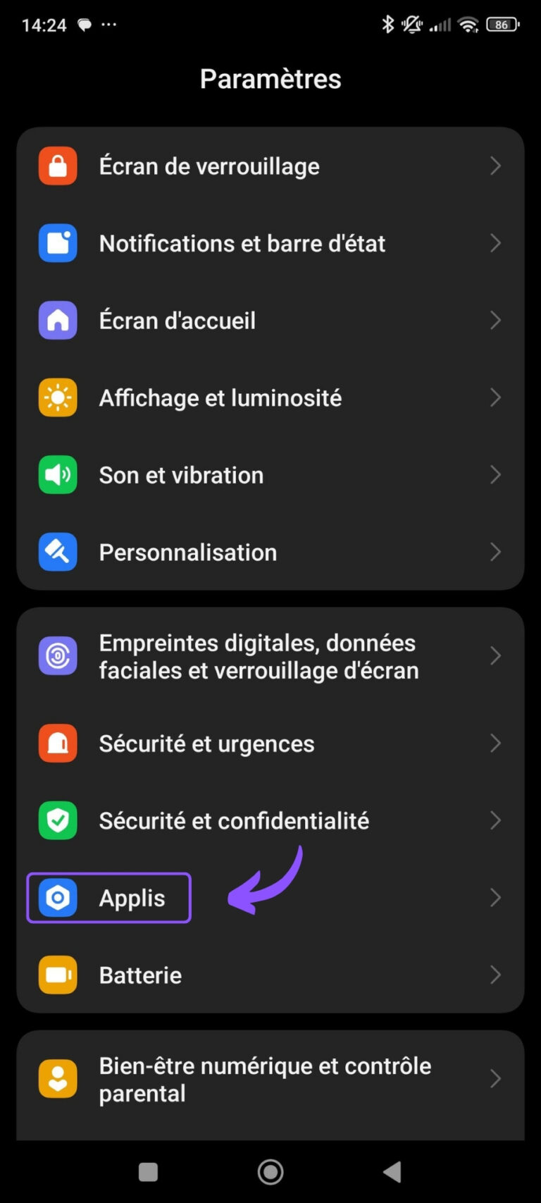aller dans paramètres applications Android