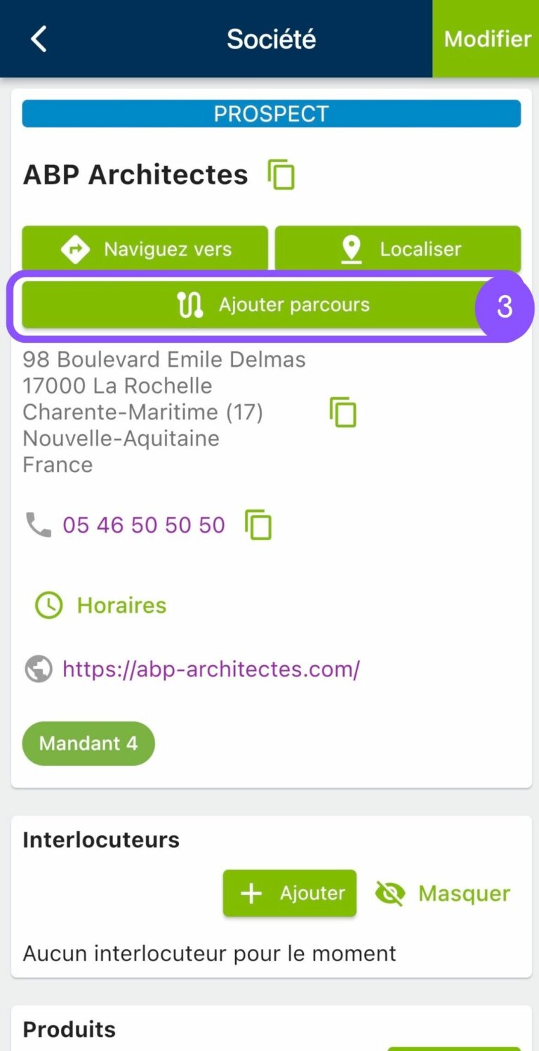 Ajout de sociétés au parcours via mobile