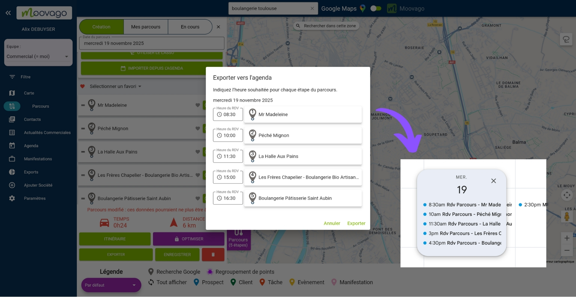 Exportation des étapes dans l'agenda