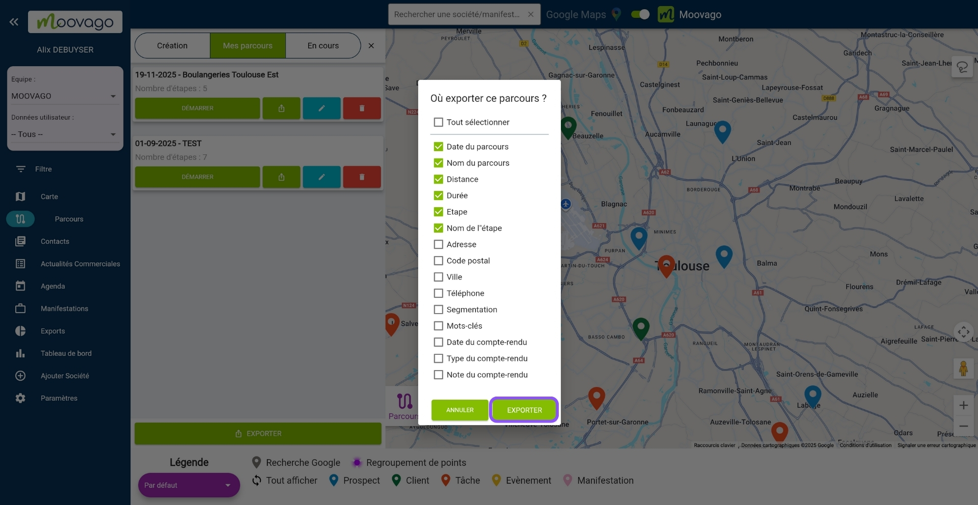Choix des informations à exporter