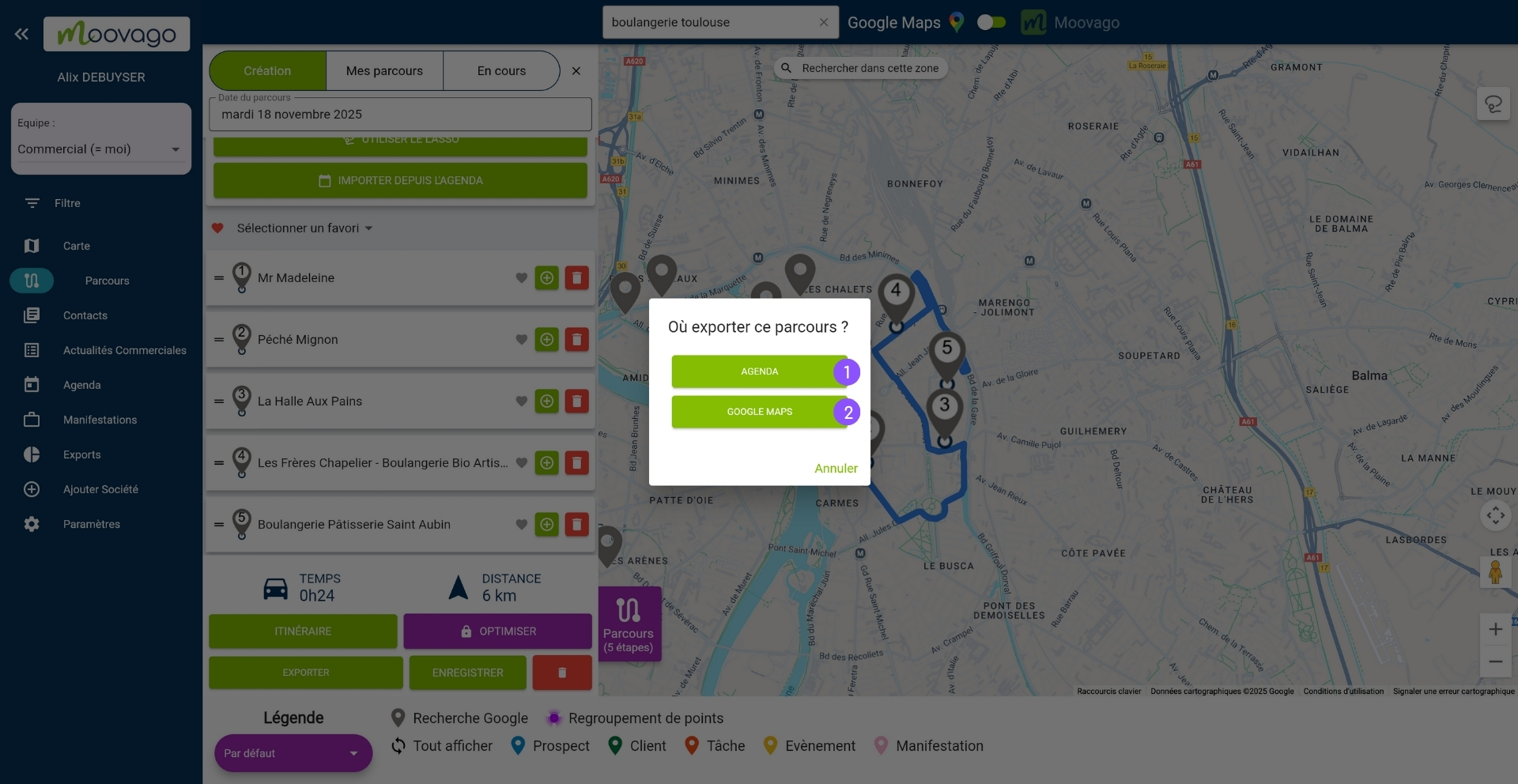 Exporter un parcours sur l'agenda ou google maps