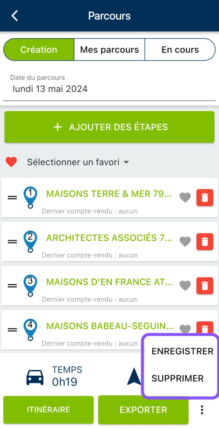 Enregistrer ou supprimer un parcours sur mobile