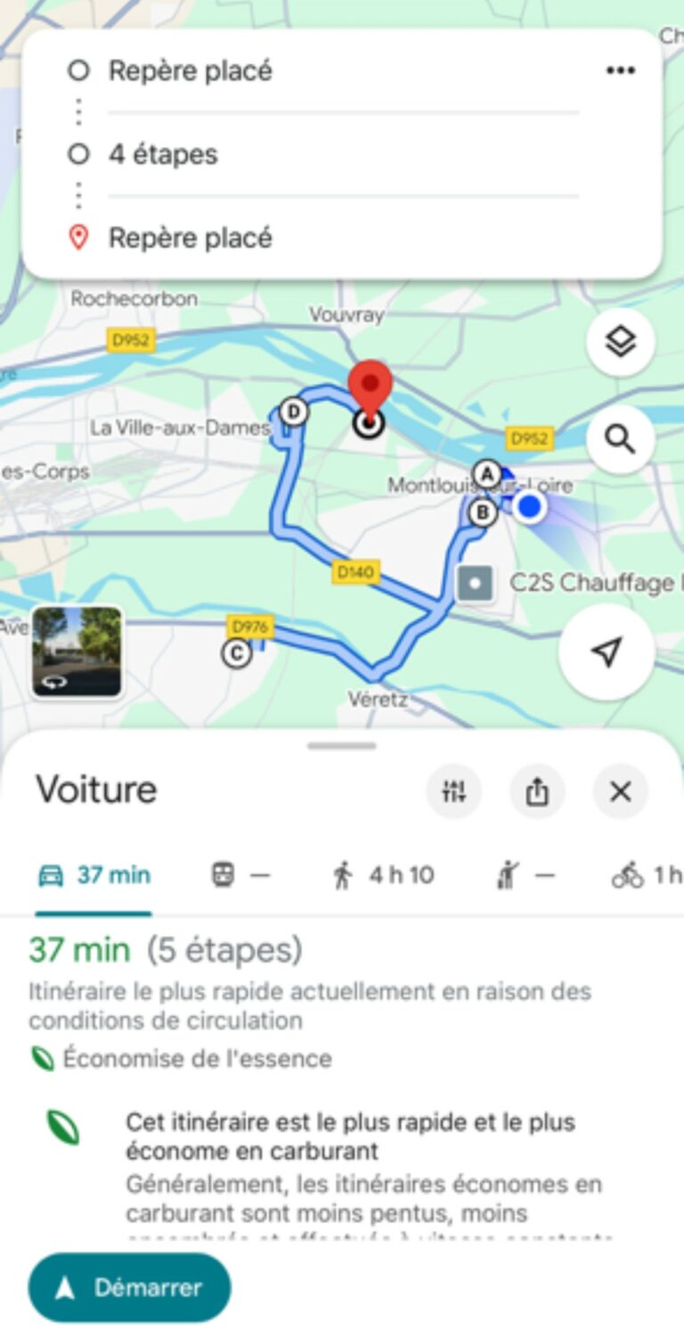 Exemple de parcours affiché dans Google Maps
