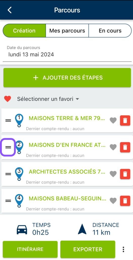 réordonner étape tournée mobile