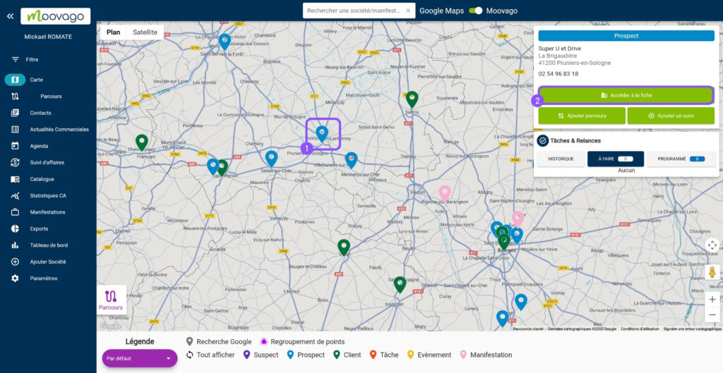 Accéder à une fiche société depuis la carte