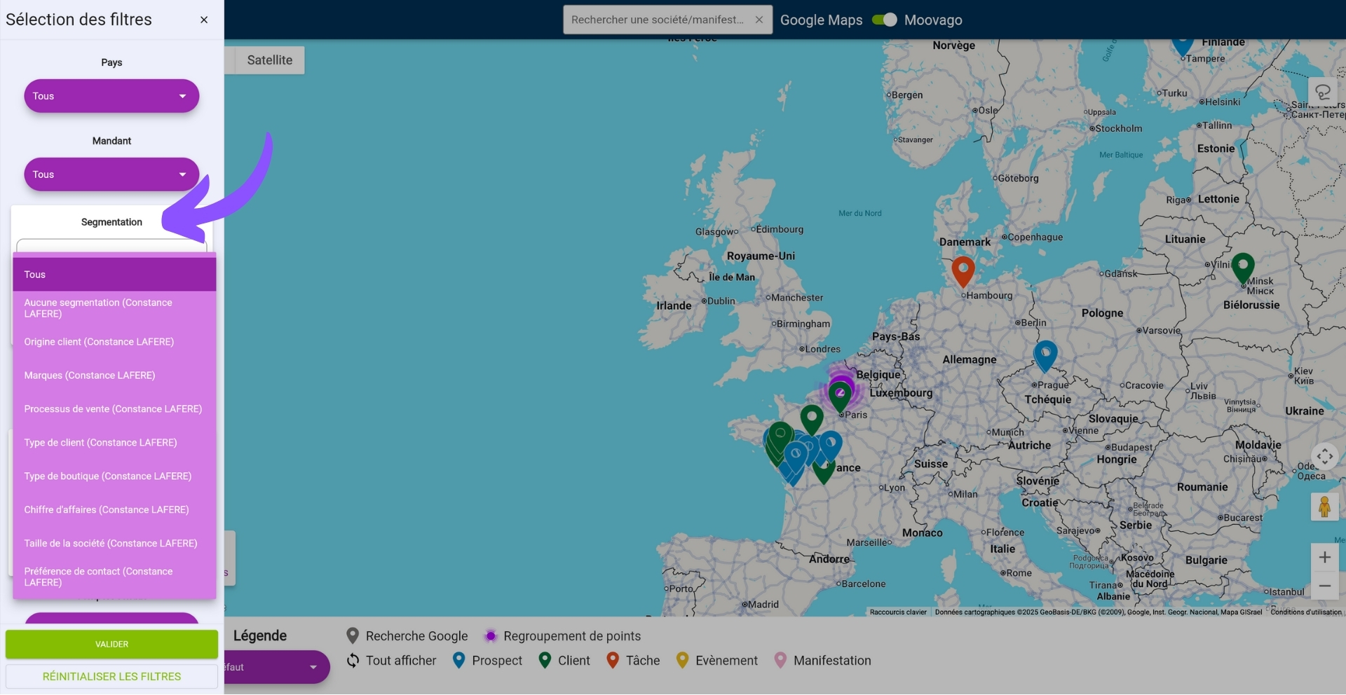 Choix de la segmentation depuis la légende