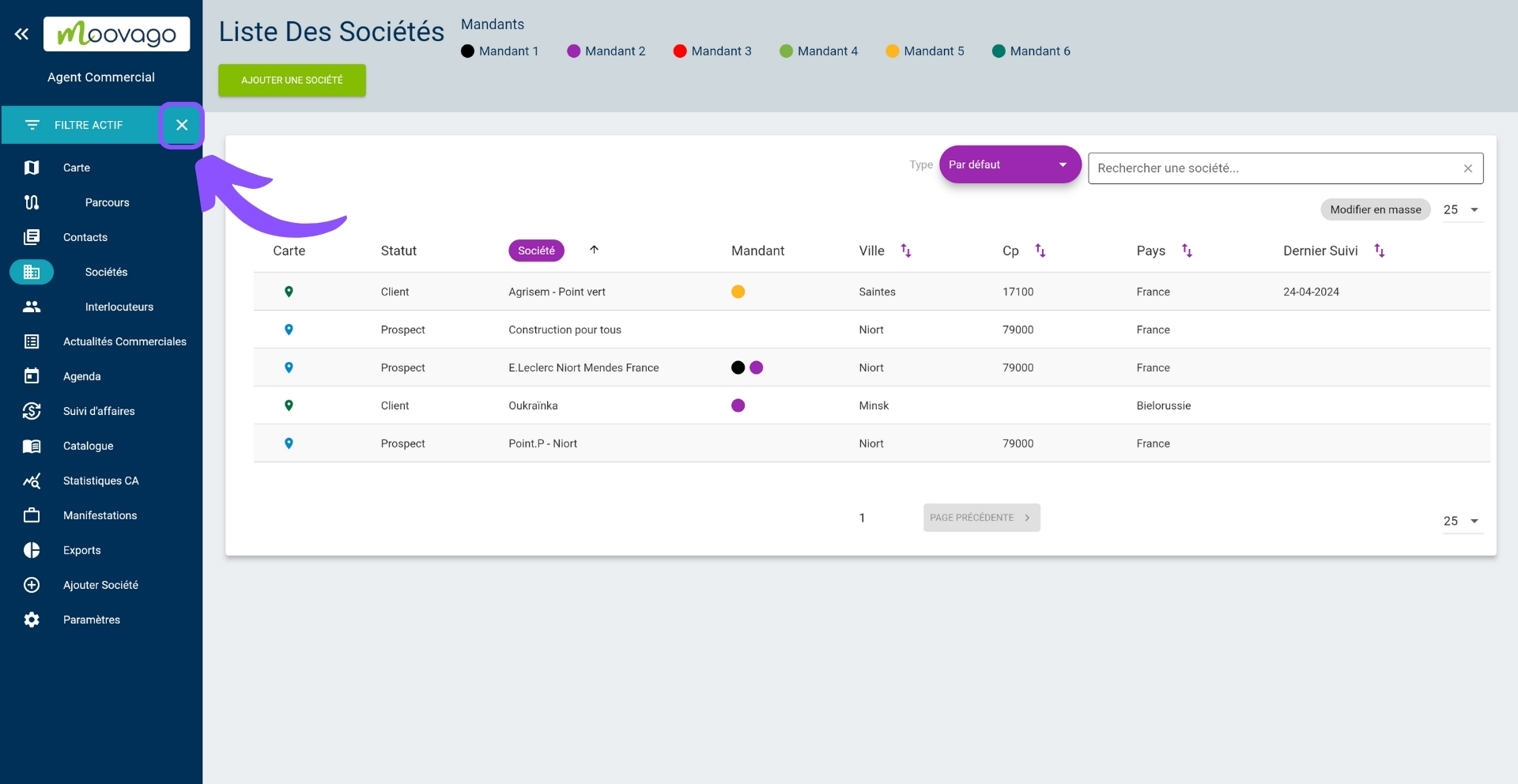 Effacer les filtres dans Moovago
