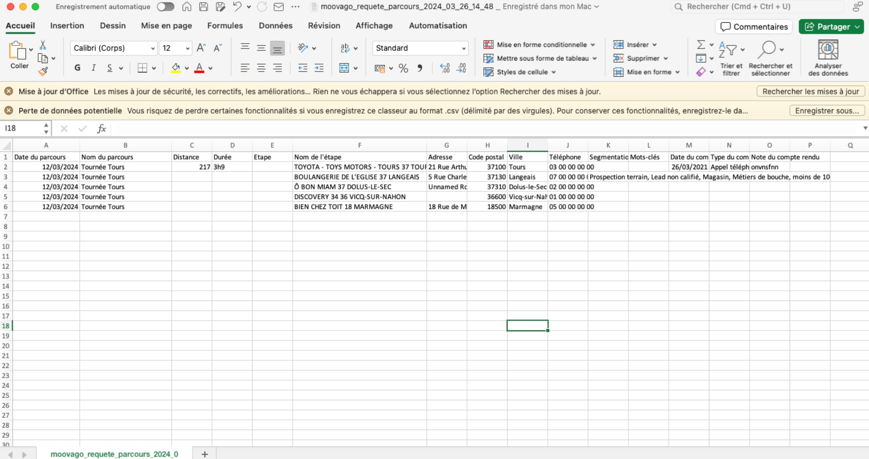 exporter un plan de tournée Excel
