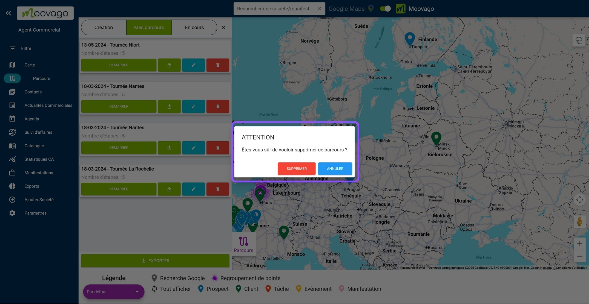 Confirmer la suppression d'un parcours dans Moovago