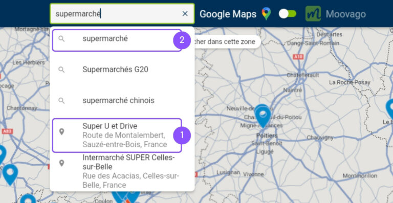 Markers in Google search results in Moovago