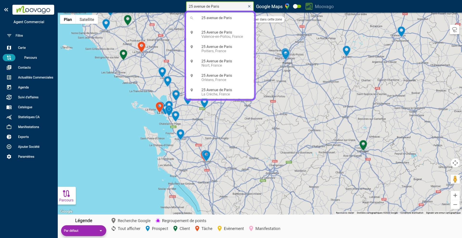 Recherche d'adresse dans Google via Moovago