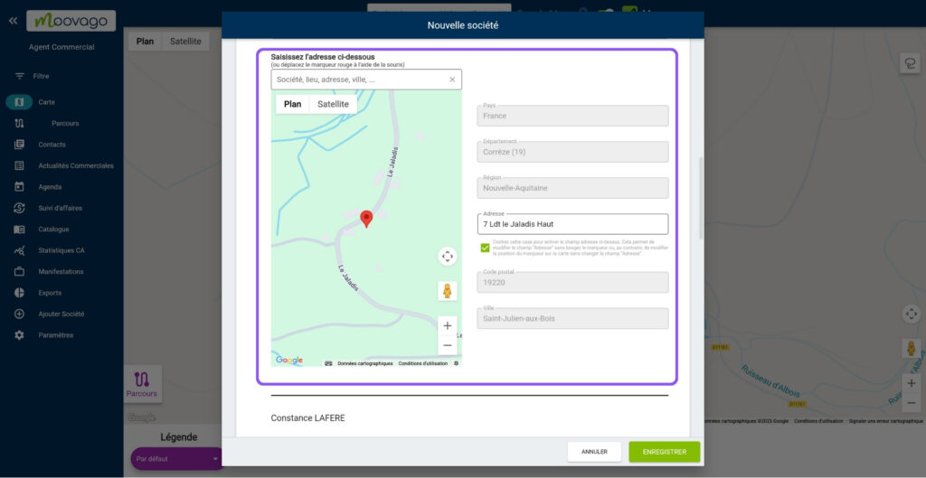 Modifier l'adresse d'une fiche société dans Moovago