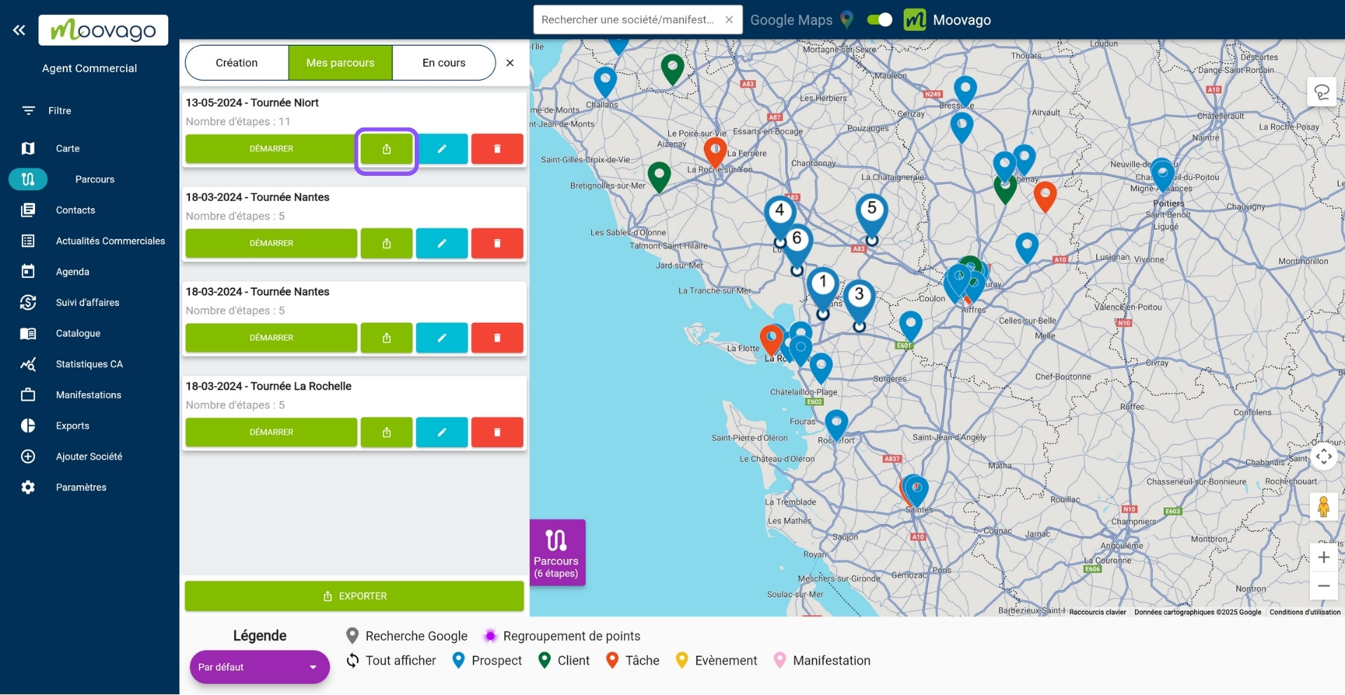 Bouton export dans les parcours enregistrés