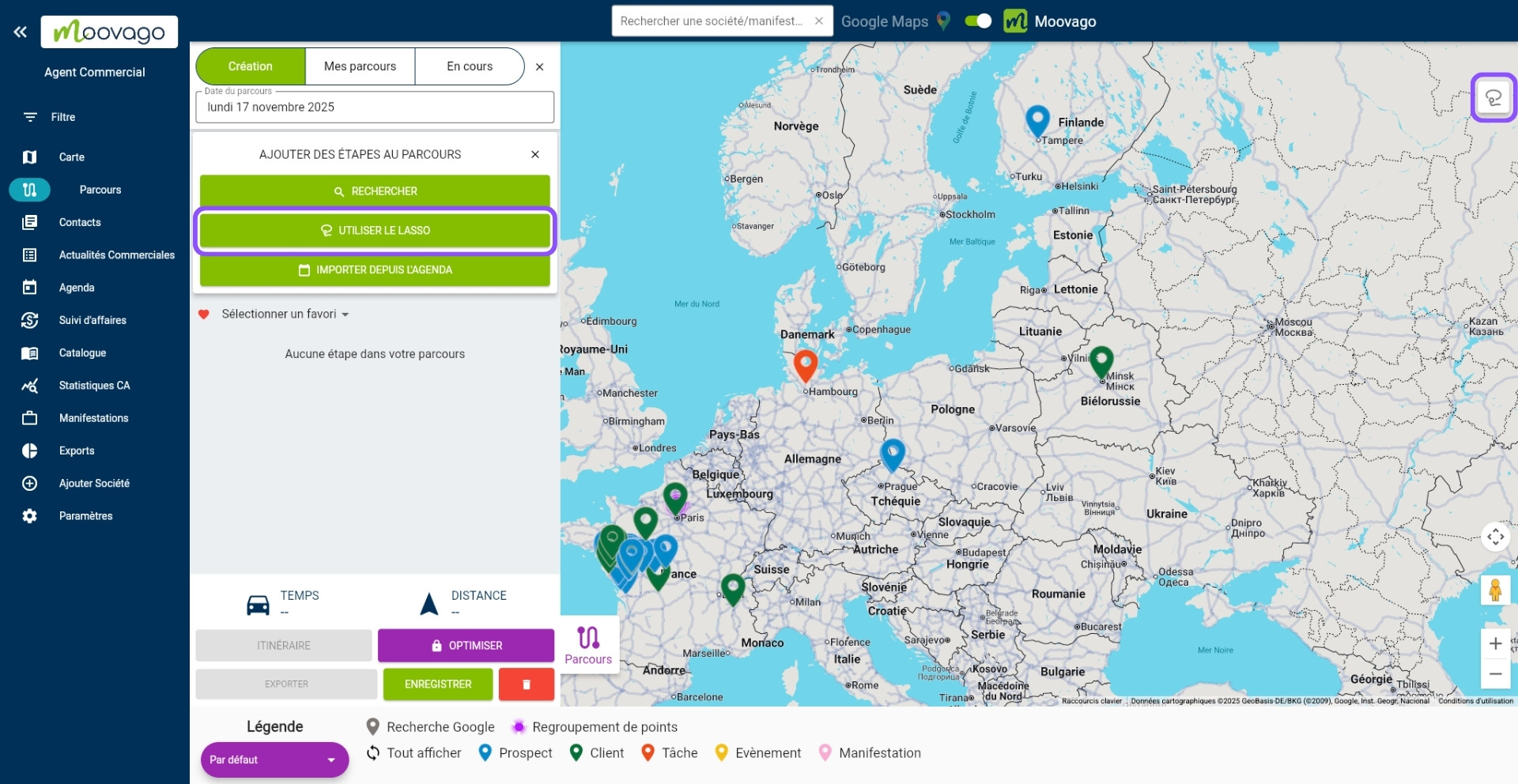 Utiliser le lasso pour ajouter des étapes à un parcours Moovago