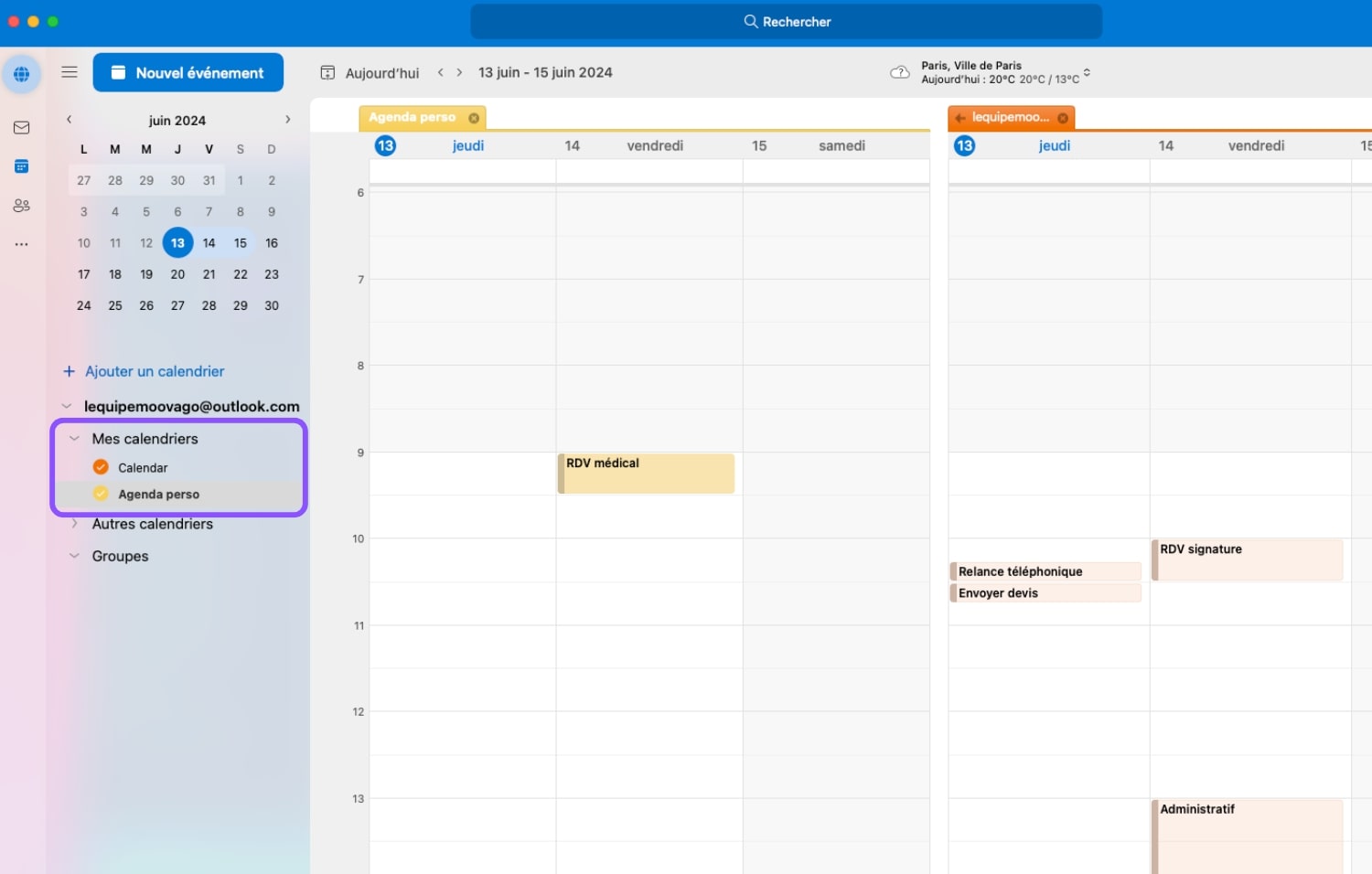 différents agenda outlook