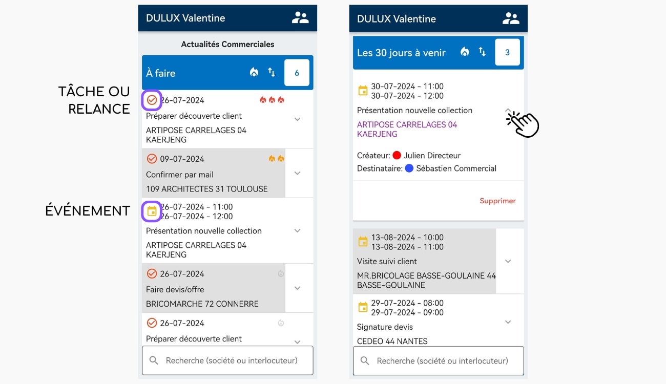 actualités commerciales mobile tâches ou événements