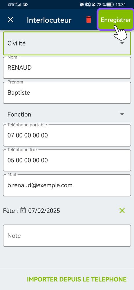 créer rapidement contact depuis répertoire
