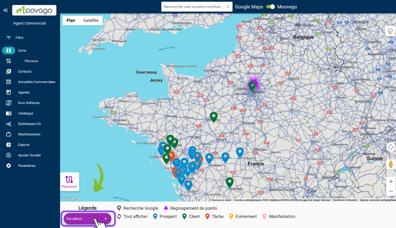 Filtrer les sociétés en fonction de la segmentation (web) Moovago, application commerciaux, CRM, ERP, PGI, GRC filtrer les contacts via la légende moovago